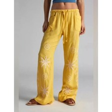 Urban Outfitters Amelie Embroidered Linen Pants Yellow Medium Boho Celestial NWT