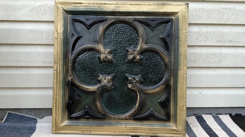 Vintage Style Gothic Wood framed embossed Metal Panel Quatrefoil Wall Art