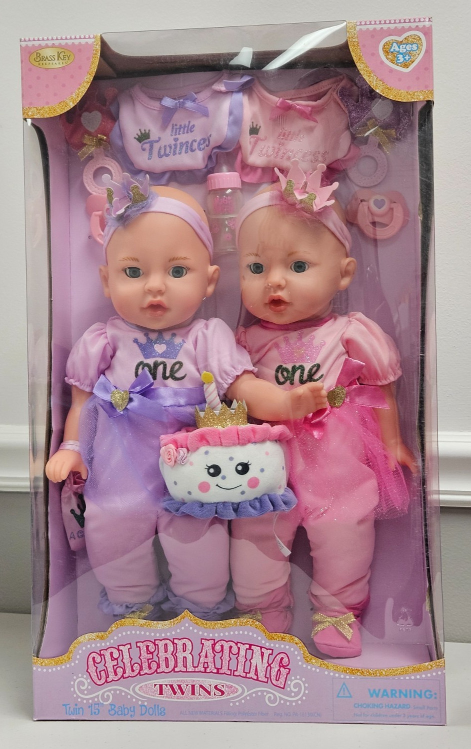Brass Key Keepsakes Celebrating Twin 15" Baby Doll Pink Purple Blue Eyes Dolls