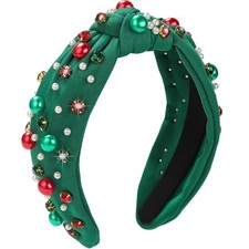 Pearl Knotted Headband, Women Rhinestone Embellished Hairband Christmas Green