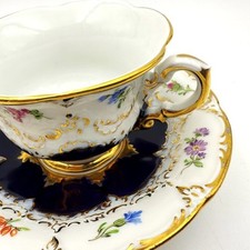MEISSEN Tea Cup  Saucer Cobalt Blue, Wild Flowers Gilt Trim 1852-70