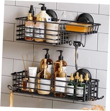  Shower Caddy Suction Cup 2 Pack with Hooks & Soap Holder, Heavy Duty 2×Black