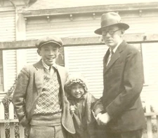 Candid Siblings Father Real Photo 1930s VTG 2.5x4 Brother Sister Fence House 
