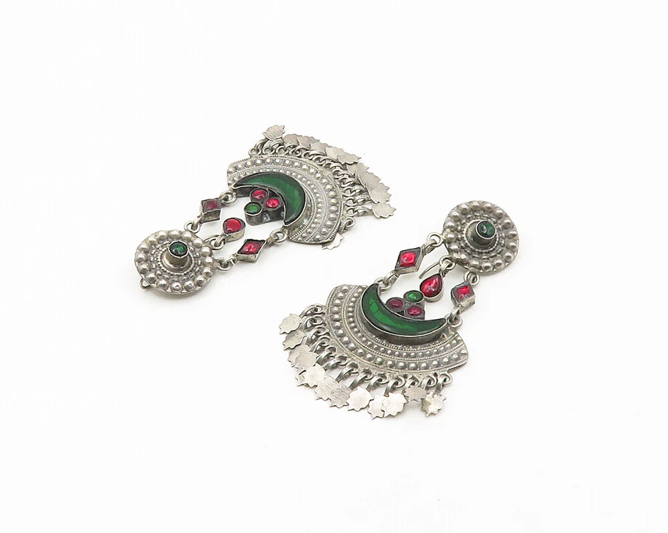 925 Sterling Silver  Vintage Red & Green Topaz Chandelier Earrings  EG9432 - Image 3 of 4