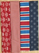 Red White Blue Crowns Stripe VTG Lot of 4 Fat Quarters Cotton Fabric Lot 5