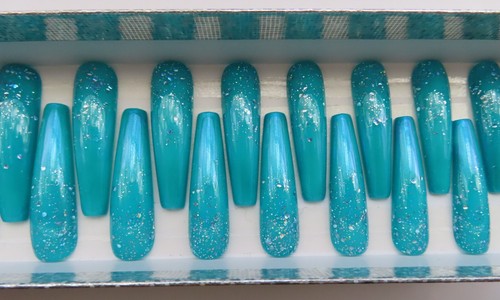 XL Turquoise Glitter Fade Square Coffin Press On Nails (20)