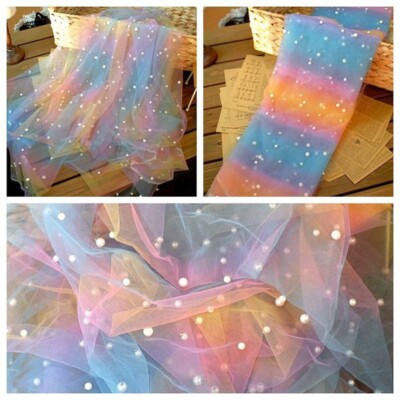 Gradient Color Lace Fabric Mesh Rainbow BeadedWedding Dress Curtain Crafts 1M