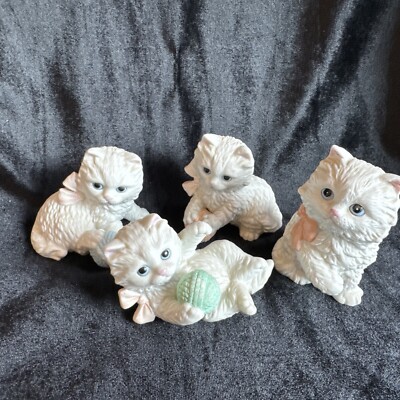 Vintage HOMCO Set of 4 White Persian Kittens Figurines Cat Lovers, Some Chips 