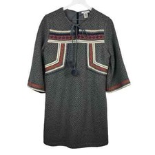 Esley Embroidered Grey Knit Bell Sleeve Sweater Dress Women Sz L