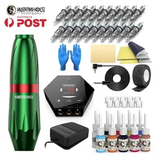 Wormhole Tattoo Machine Kit Rotary Motor Pen Gun Inks Power Supply Needle Set AU