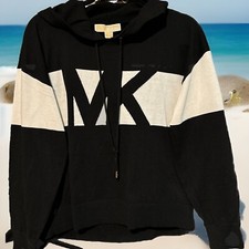 NWT Michael Kors Women Logo Black/White Hooded Sweater,SzM; Ret. 98.00