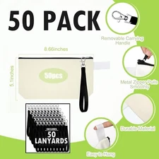 50 PACK! Blank Canvas Cosmetic Bags, Bulk Lot Heat Transfer Sublimation Makeup