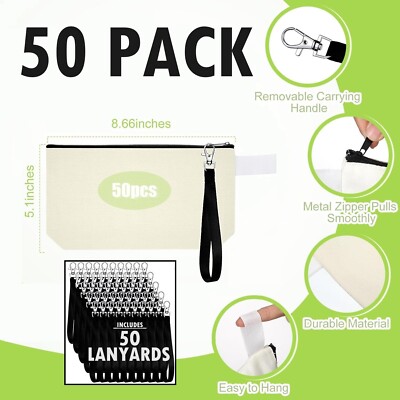 50 PACK! Blank Canvas Cosmetic Bags, Bulk Lot Heat Transfer