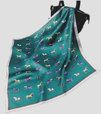 21"x21"Green Colorful Horses Print Pure Mulberry Satin Silk 12momme Scarf53X53cm