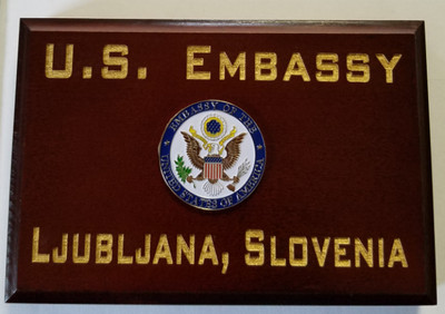 US Embassy Ljubljana Slovenia Cherry Wood Bevel Edge 4''X6'' Desk Credenza Plaque
