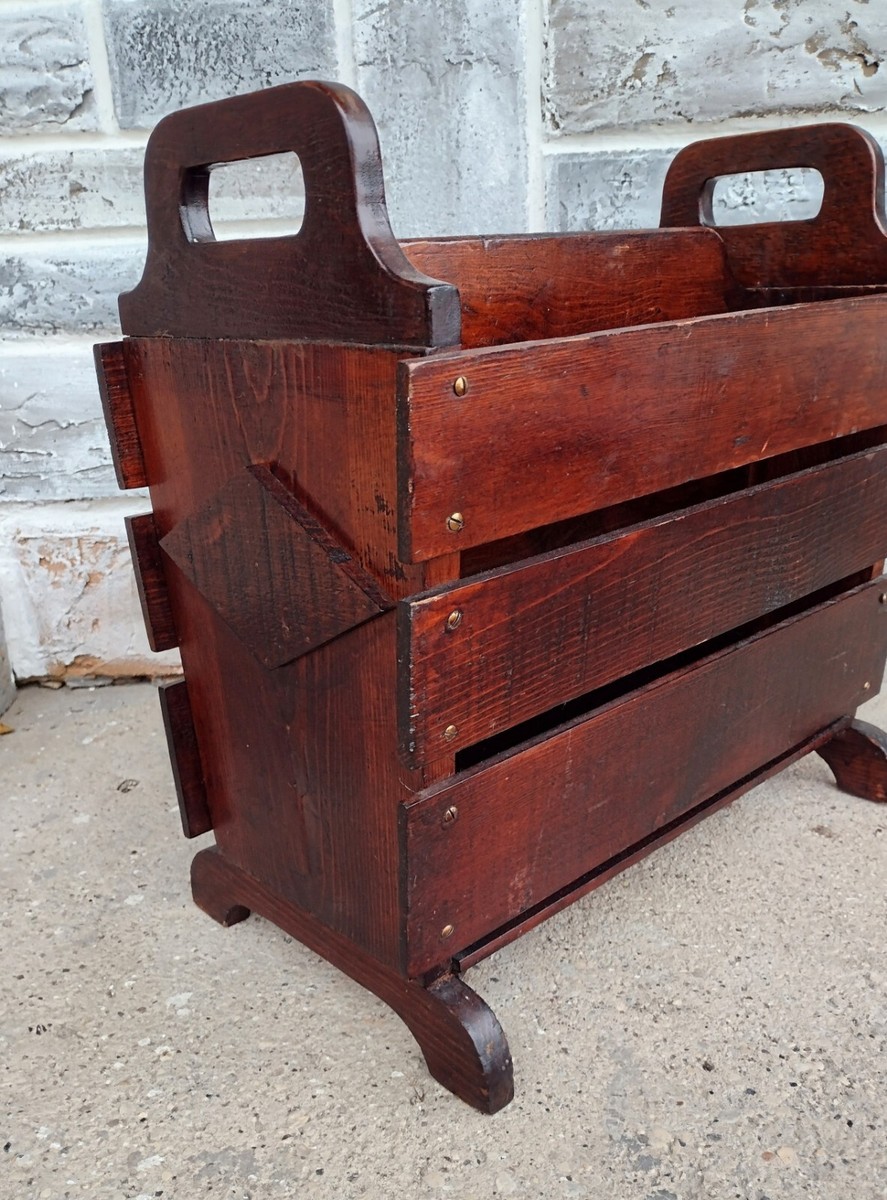 Antique Mission Style Diamond Slat Wood Magazine Rack Holder