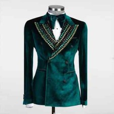 Luxury Groom Wedding Suits Green Velvet Double Breasted Formal Party Tuxedos