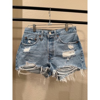 Levis 501 Original Distressed Denim Shorts Light Wash W26 High Rise Cut Off