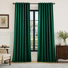 Hunter Green Blackout Faux Silk Curtains, Thermal Insulated, 52x108 Inch, 2 Pane