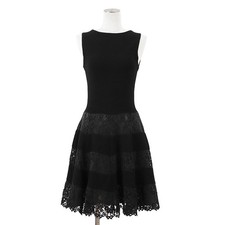 Valentino Sleeveless Dress Size Medium Women Rib-knit x Floral lace Black