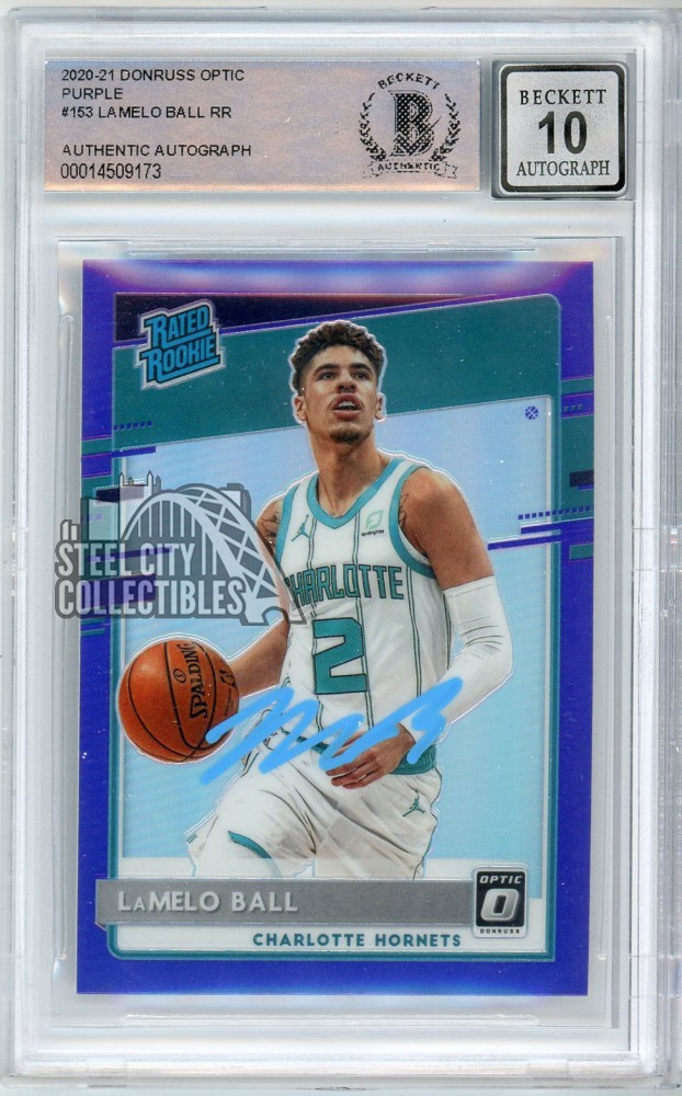LaMelo Ball 2020-21 Optic Rated Rookie Purple Autograph Card #153 BAS 10 (Blue)