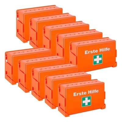 BIGPACK 10x Erste-Hilfe-Verbandkasten, Wandhalter, orange, Kunststoff, DIN 13157