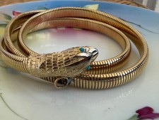 Vintage 70s Accessocraft NYC Snake Head Goldtone Stretch Belt Turquoise Bead Eye