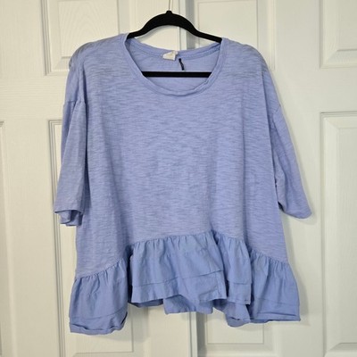 Akemi + Kin Anthropologie Womens Large Blue Slub Knit Ruffle Hem Top Boxy Tee