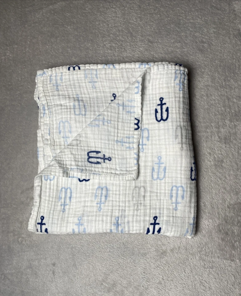 Manta Cloud Island Anchors Baby Swaddle Azul Blanco Muselina Algodón Náutico Gris Foto 2 de 4