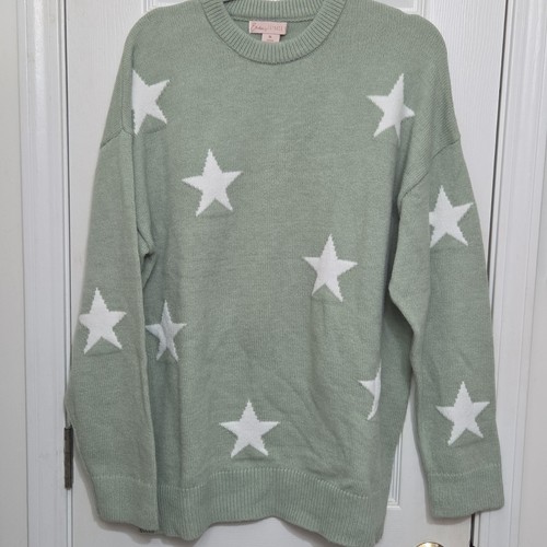 Emma's Expressions Women's XL Green White Star Knit Crewneck Long Sleeve Sweater