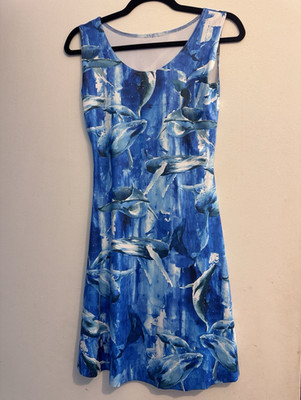 Lora Zombie Black Milk Womens Sz M Blue Whale Print Fit&Flare Scoop Neck Dress