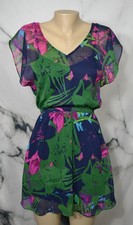 EXPRESS Navy Blue Green Purple Pink Floral Print Fit & Flare Dress XS Lined