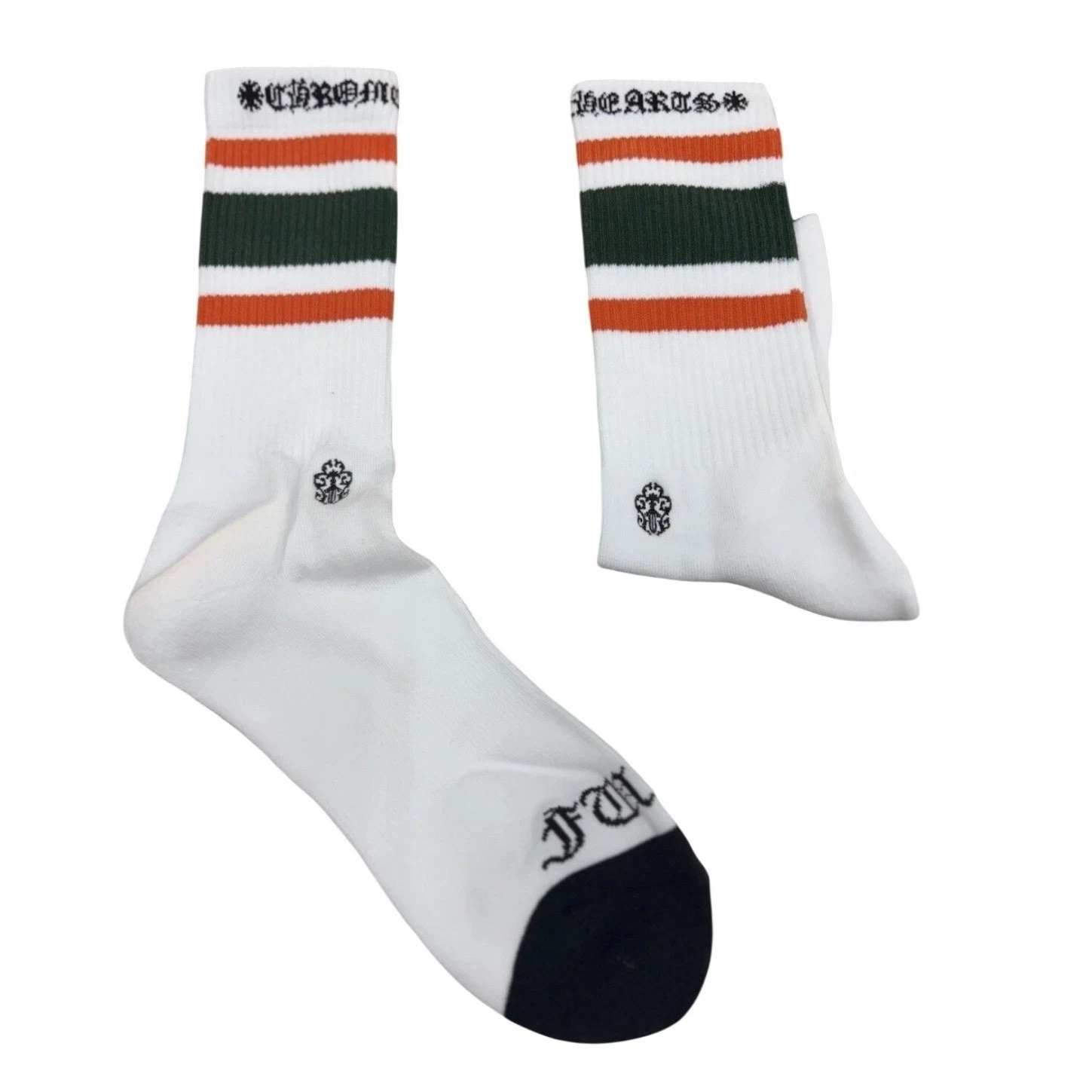 Chrome Hearts Miami Socks 'White' Green Orange Striped | Hurricanes Large 9-13