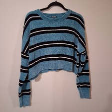 Wild Fable Women's Striped Crewneck Cropped Sweater In Teal Size M