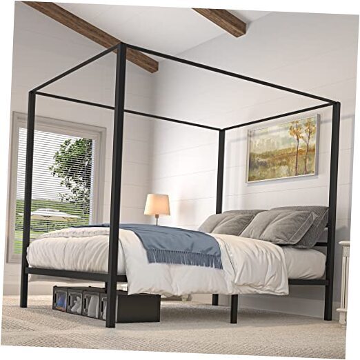 Canopy Bed Frame Metal Four Posters 14 Inch Platform with Built-in Headboard