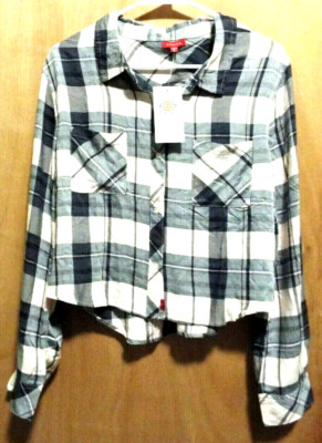 Dickies Girl Pink Blue Plaid Long Sleeve Button Up Short Shirt L NWT 2 Pockets
