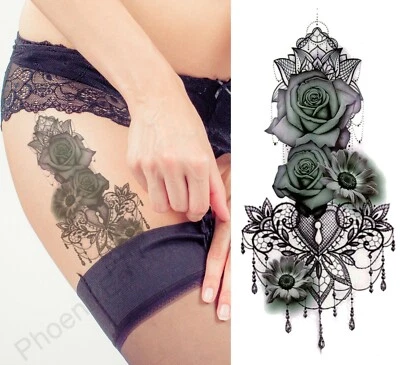 Temporary Tattoo Black Lace Rose Heart Fake Body Art Sticker Waterproof Ladies