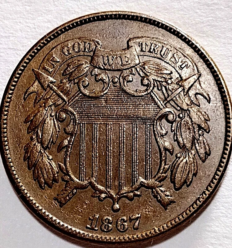 USA:  1867  Two Cents Peice Civil War Era Scarce  AU?????  Brown 58-142 - Image 2 of 4