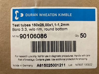 Reagenzgläser Glas Kimble Marke Borosilikat 3,3 Glas 150 x 25 mm ohne Rand X50