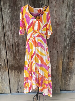 Abel the Label Anthropologie Size XS Swish Hi Lo Dress Orange Pink Smocking  | eBay