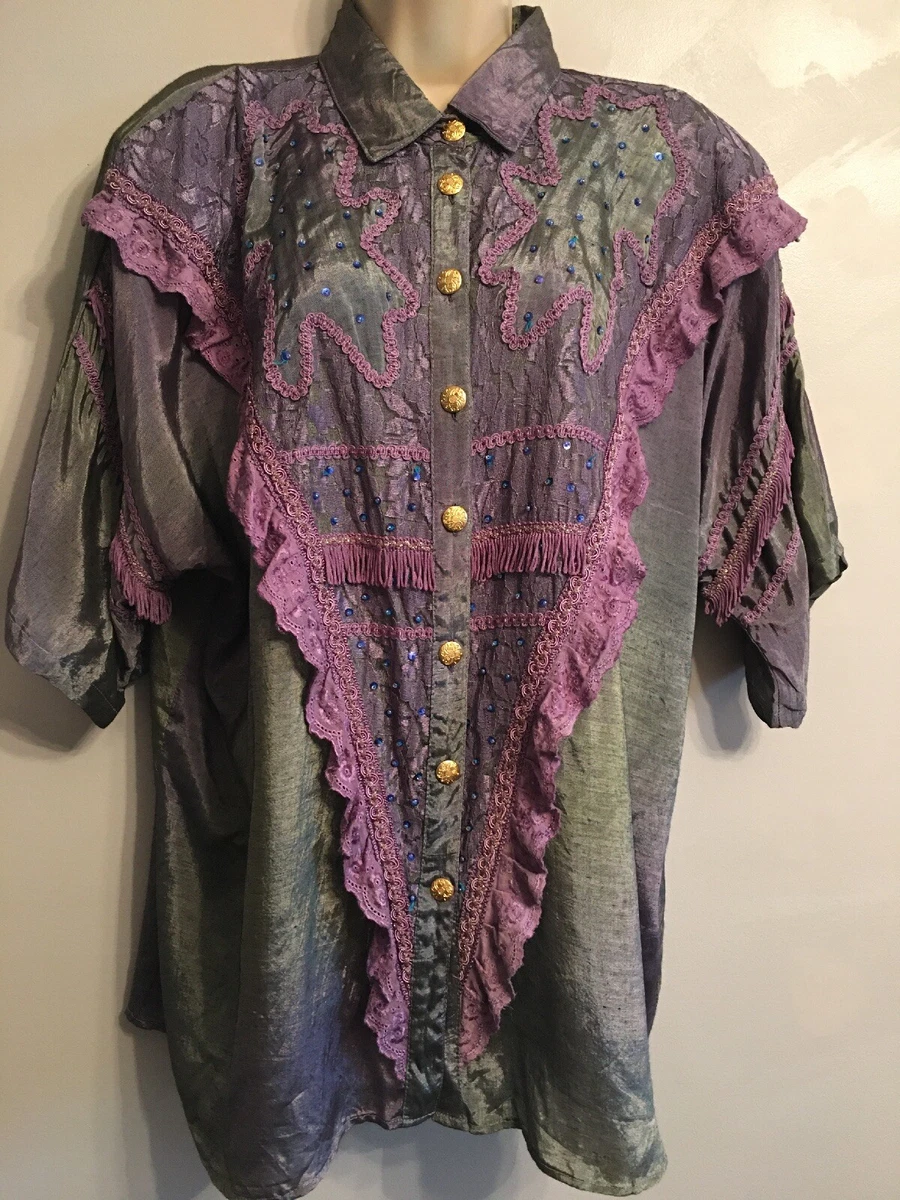 Nwt Iridescent Rayon Shirt Top Purple Lace Gold Buttons India Purple Fringe XL