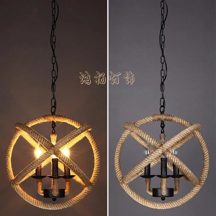 Vintage Industrial Chandelier Pendant Light Ceiling Lamp Hemp rope Cage 3 lights - Image 4 of 4