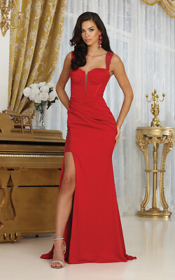 open lace back dress Final Sale Plus Size Off the Shoulder Gown with Slide Slit in Red – Chic  And Curvy main image 1