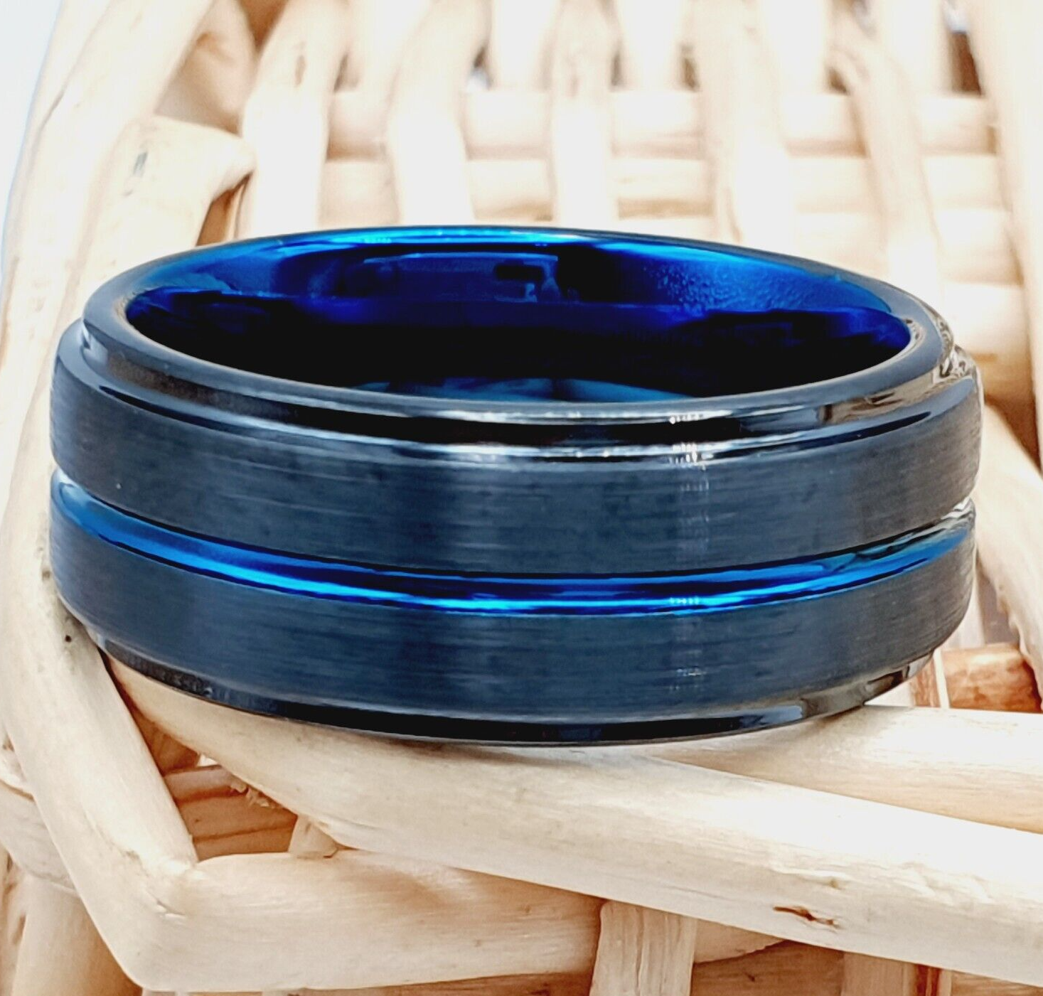 Engagement Ring for Men, Mens Blue Line Tungsten Ring Black Brushed Wedding Band-image