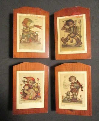 Lot of 4 Hummel Pictures on Manchester Wood Blocks 5'' x 3.1/2'' - 2 Good / 2 Bad