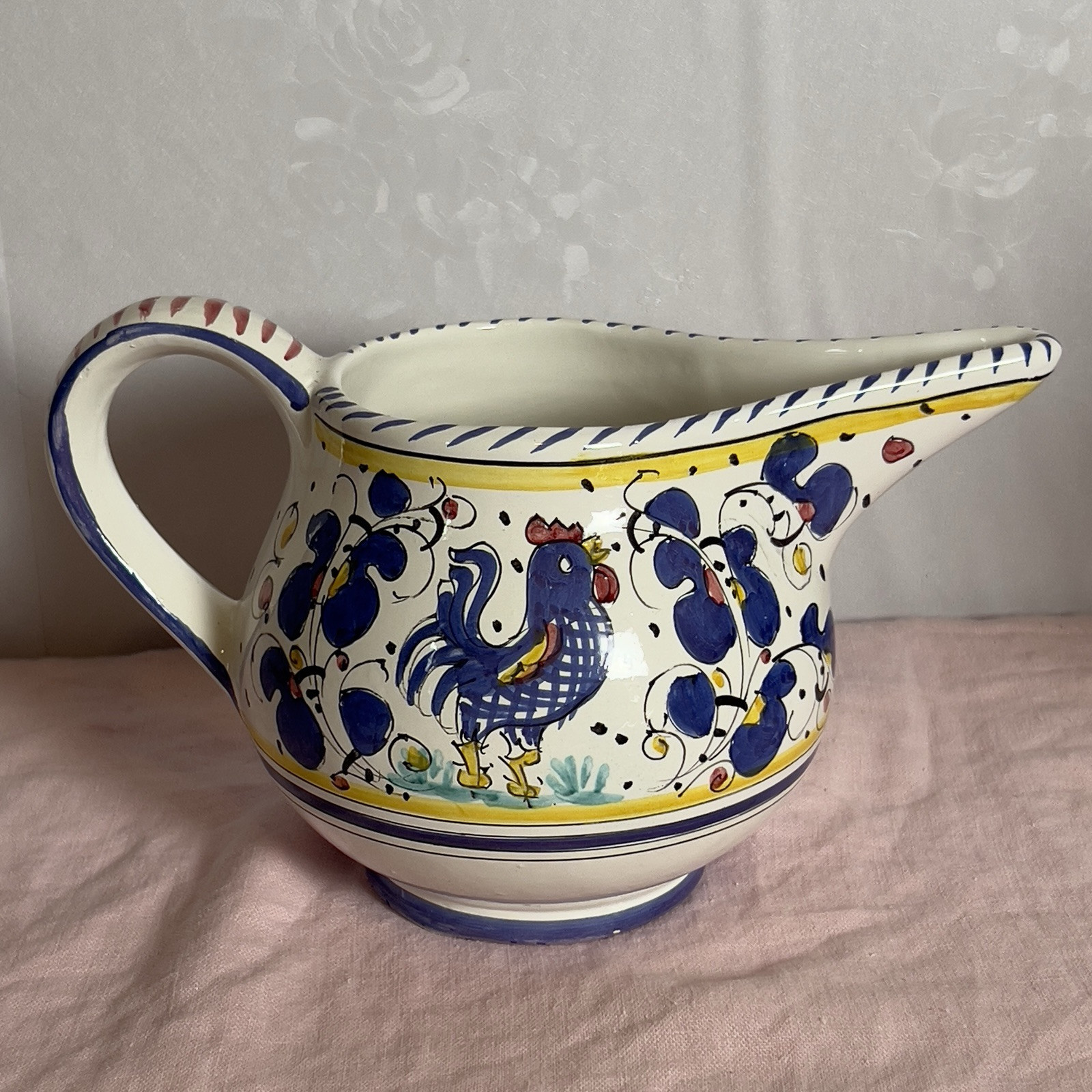 Hand Painted Deruta Italian Pottery Wine Jug 32 Oz Pitcher Galletto Rooster