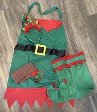 Christmas Elf Costume Set Headband Apron Shoes Socks Bells Adult Outfit