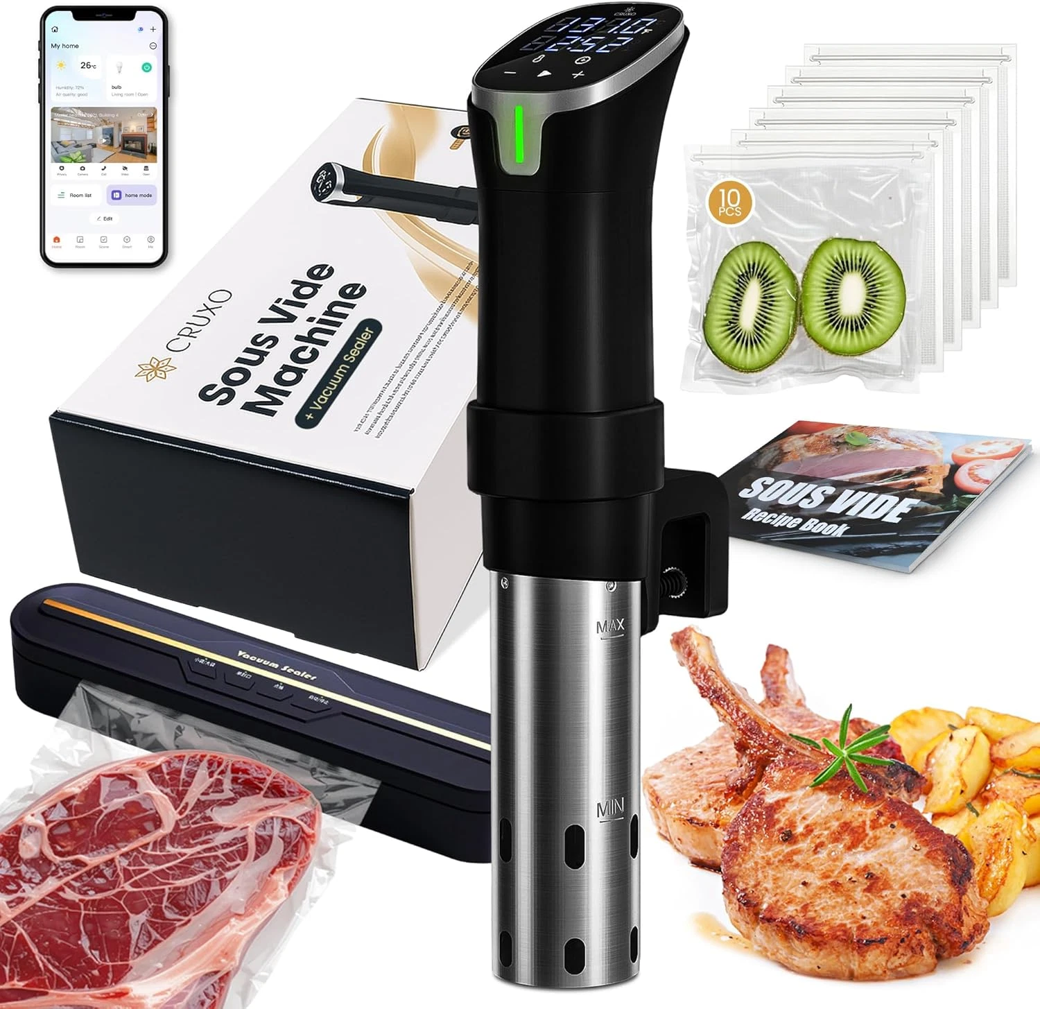 1100W Sous Vide Cooker Kit with App Control, Immersion Circulator, LED Display,