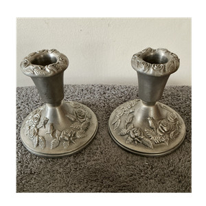 Silver Metal Floral Rose Taper/Dinner Candle Holders Pair Freestanding Indonesia
