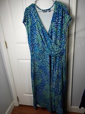 Lands End Woman 2X Maxi Geometric Wrap Dress Cap Sleeve Geometric Stretch Casual